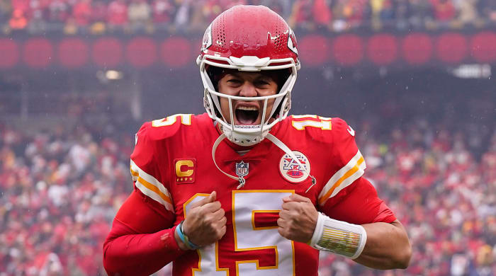 Chiefs quarterback Patrick Mahomes gets hyped up before the divisional game vs. the Jaguars.